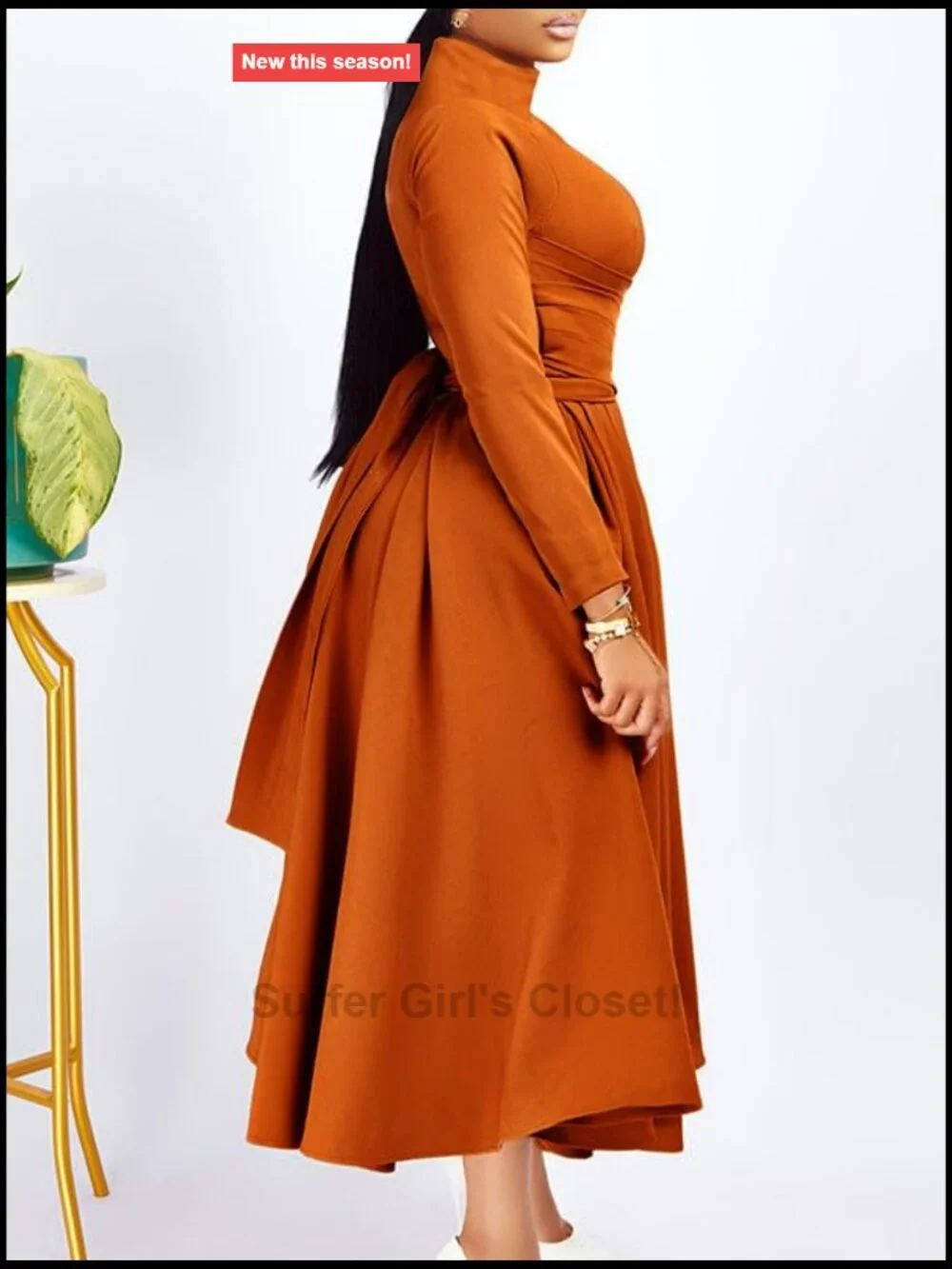 Elegant Long Sleeve A-Line Swing Dress High Waist Flowy Maxi Formal Party